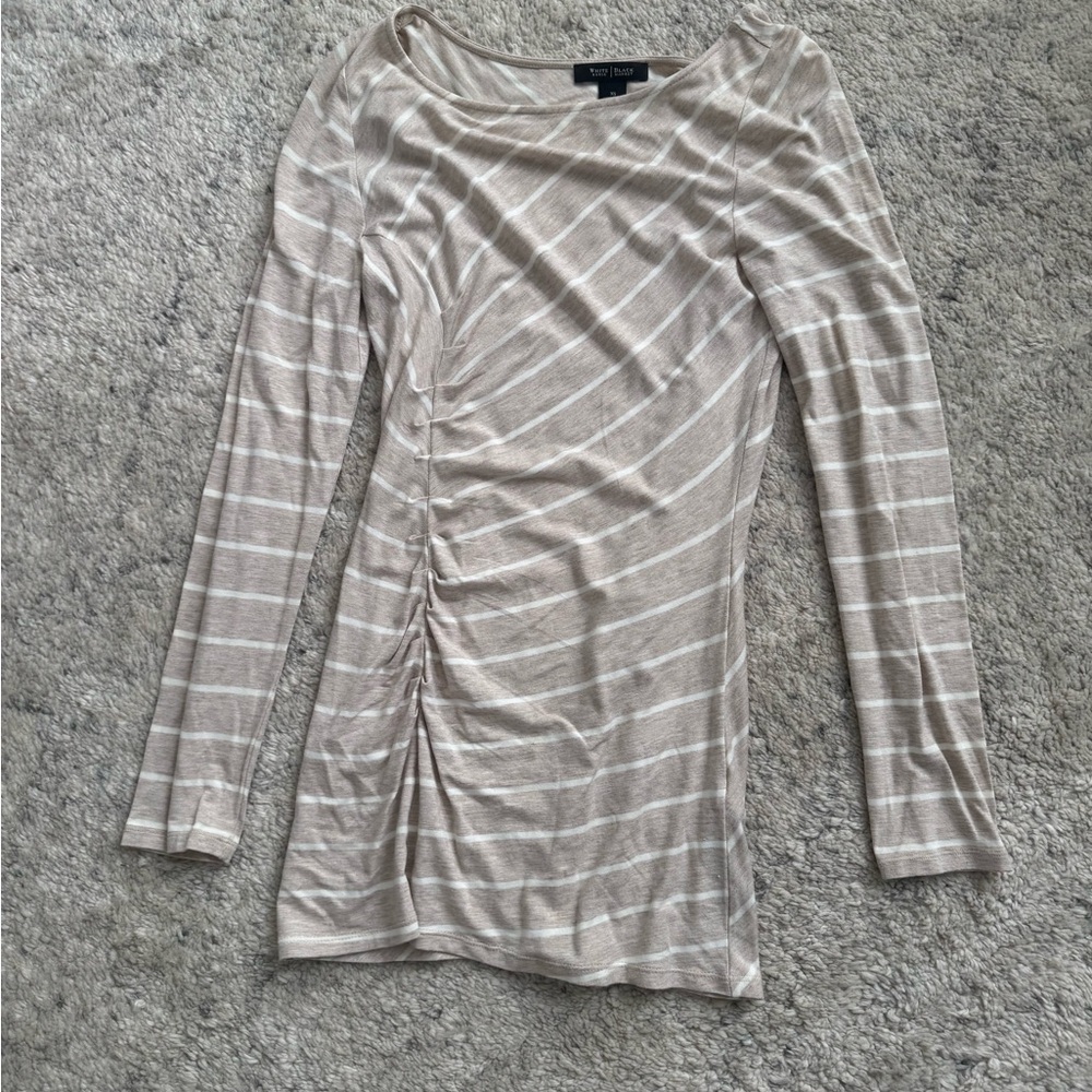 White House Black Market Beige and White Striped Long Sleeve Top